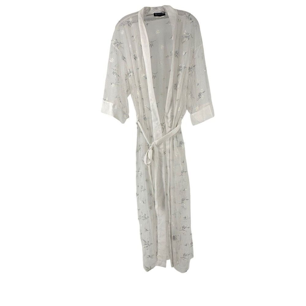 INC Intimates Robe Womens Size XXL White Sheer Floral Embroidered Satin Trim